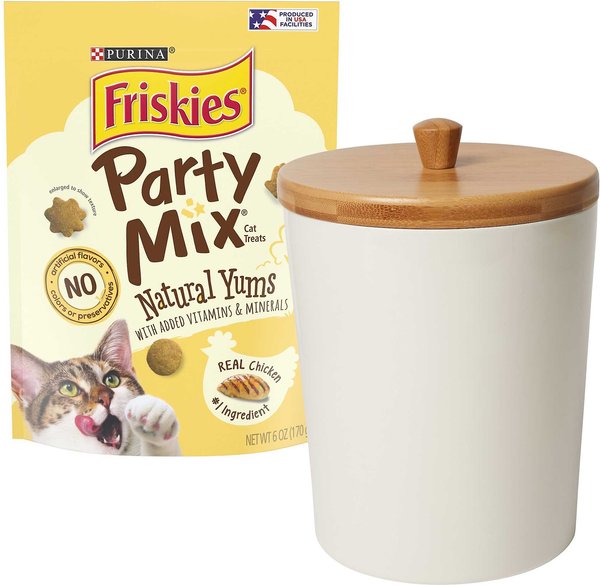 Friskies Party Mix Natural Yums with Real Chicken Cat Treats, 6-oz bag + Frisco Melamine Dog & Cat Treat Jar with Bamboo Lid, 8 Cups slide 1 of 7