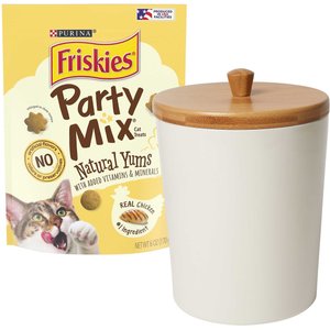 Friskies Party Mix Natural Yums With Real Chicken Cat Treats, 6-oz bag + Frisco Melamine Dog & Cat Treat Jar with Bamboo Lid, 8 Cups