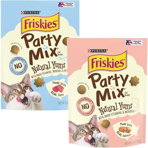 Friskies Party Mix Natural Yums with Real Salmon Cat Treats, 6-oz pouch + Friskies Party Mix Natural Yums with Real Tuna Cat Treats, 6-oz bag slide 1 of 7