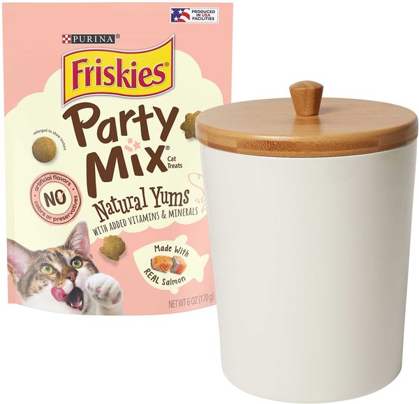 Friskies Party Mix Natural Yums with Real Salmon Cat Treats, 6-oz pouch + Frisco Melamine Dog & Cat Treat Jar with Bamboo Lid, 8 Cups slide 1 of 7