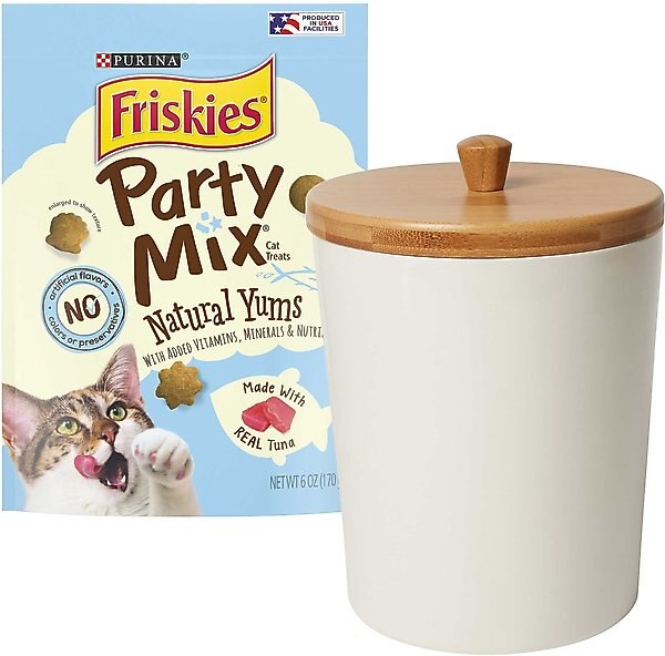 Friskies Party Mix Natural Yums with Real Tuna Cat Treats, 6-oz bag + Frisco Melamine Dog & Cat Treat Jar with Bamboo Lid, 8 Cups slide 1 of 7
