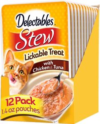Hartz Delectables Stew Chicken & Tuna Lickable Cat Treat, 1.4-oz, case of 12 + Frisco Peek-a-Boo Cat Chute Cat Toy, Colorful Tri-Tunnel slide 2 of 7