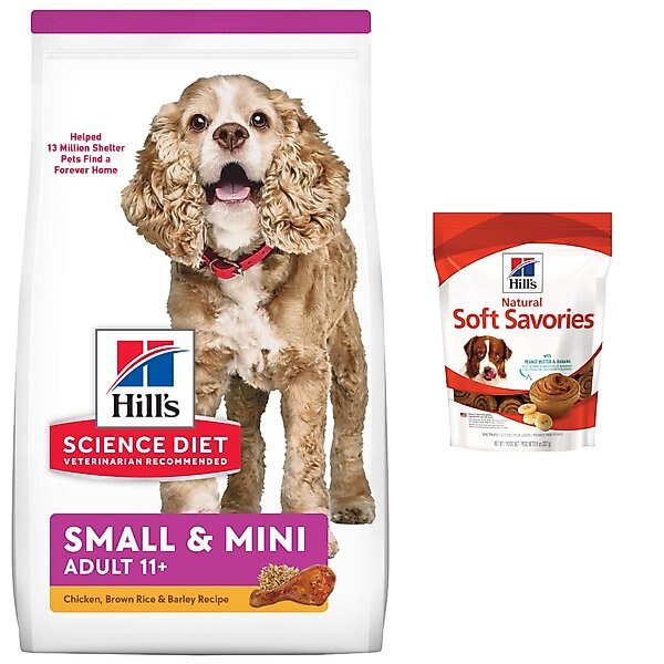 Hill's Science Diet Adult 11+ Small Paws Chicken Meal, Barley & Brown Rice Recipe Dry Dog Food, 15.5-lb bag + Hill's Natural Soft Savories with Peanut Butter & Banana Dog Treats, 8-oz bag slide 1 of 9
