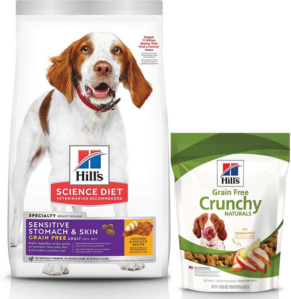 Hill's Science Diet Adult Sensitive Stomach & Skin Grain-Free Chicken & Potato Recipe Dry Dog Food, 24-lb bag + Hill's Grain-Free Crunchy Naturals with Chicken & Apples Dog Treats, 8-oz bag slide 1 of 6