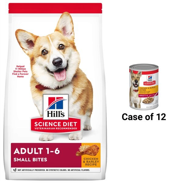 Hill's Science Diet Adult Small Bites Chicken & Barley Recipe Dry Dog Food, 15-lb bag + Hill's Science Diet Adult Chicken & Barley Entree Canned Dog Food, 13-oz, case of 12 slide 1 of 7