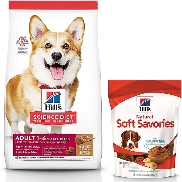 Hill's Science Diet Adult Small Bites Lamb Meal & Brown Rice Recipe Dry Dog Food, 33-lb bag + Hill's Natural Soft Savories with Peanut Butter & Banana Dog Treats, 8-oz bag slide 1 of 6