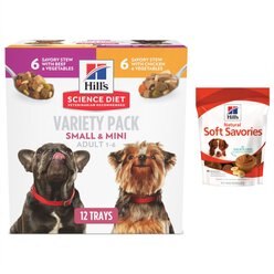 Hill's Science Diet Adult Small Paws Chicken & Vegetables & Beef & Vegetables Variety Pack Wet Dog Food Trays, 3.5-oz, case of 12 + Hill's Natural Soft Savories with Peanut Butter & Banana Dog Treats, 8-oz bag