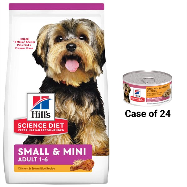 Hill's Science Diet Adult Small Paws Chicken Meal & Rice Recipe Dry Dog Food, 4.5-lb bag + Hill's Science Diet Adult Small Paws Chicken & Barley Entree Canned Dog Food, 5.8-oz, case of 24 slide 1 of 7