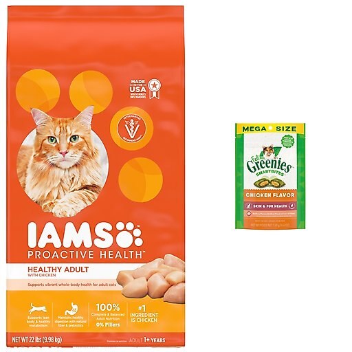 Iams ProActive Health Healthy Adult Original with Chicken Dry Cat Food, 22-lb bag + Greenies Feline SmartBites Healthy Skin & Fur Chicken Flavor Cat Treats, 4.6-oz bag