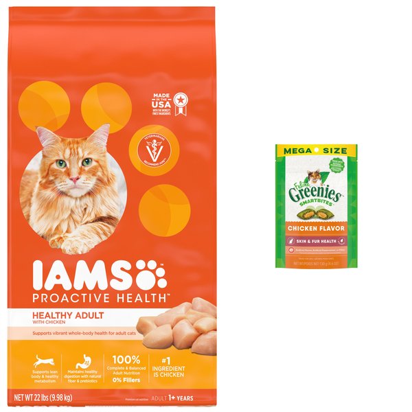 Iams ProActive Health Healthy Adult Original with Chicken Dry Cat Food, 22-lb bag + Greenies Feline SmartBites Healthy Skin & Fur Chicken Flavor Cat Treats, 4.6-oz bag slide 1 of 9