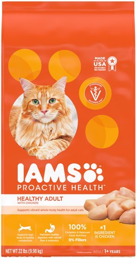 Iams ProActive Health Healthy Adult Original with Chicken Dry Cat Food, 22-lb bag + Greenies Feline SmartBites Healthy Skin & Fur Chicken Flavor Cat Treats, 4.6-oz bag
