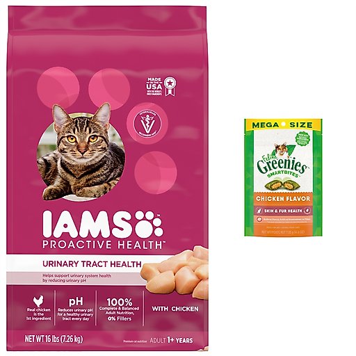 Iams ProActive Health Urinary Tract Health with Chicken Adult Dry Cat Food, 16-lb bag + Greenies Feline SmartBites Healthy Skin & Fur Chicken Flavor Cat Treats, 4.6-oz bag