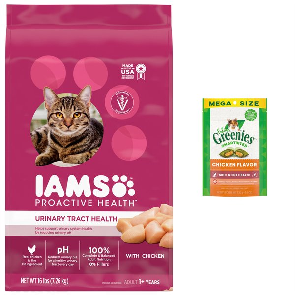 Iams ProActive Health Urinary Tract Health with Chicken Adult Dry Cat Food, 16-lb bag + Greenies Feline SmartBites Healthy Skin & Fur Chicken Flavor Cat Treats, 4.6-oz bag slide 1 of 9