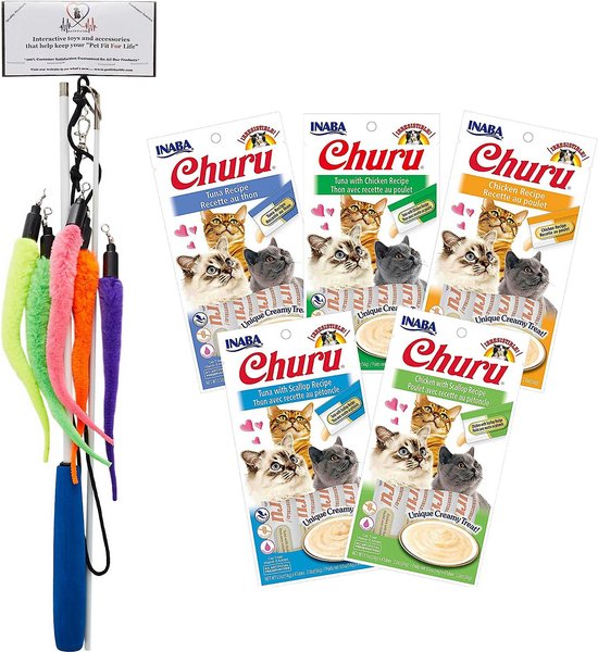 Inaba Churu Grain-Free Chicken, Tuna, Scallop Puree Variety Pack Lickable Cat Treat, 0.5-oz tube, pack of 20 + Pet Fit For Life 5 Piece Squiggly Worm Wand Cat Toy slide 1 of 8