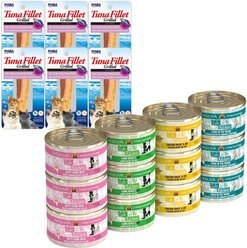 Inaba Ciao Grain-Free Grilled Tuna Fillet Extra Tender in Tuna Flavored Broth Cat Treat, 0.52-oz pouch, pack of 6 + Weruva Cats in the Kitchen Cuties Variety Pack Grain-Free Canned Cat Food, 3.2-oz, case of 12
