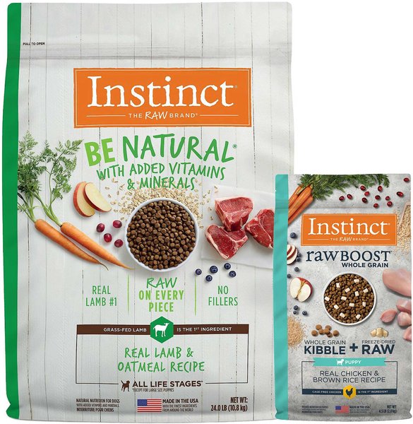 Instinct Be Natural Real Lamb & Oatmeal Recipe Freeze-Dried Raw Coated Dry Dog Food, 24-lb bag + Instinct Raw Boost Puppy Whole Grain Real Chicken & Brown Rice Recipe Freeze-Dried Raw Coated Dry Dog Food, 4.5-lb bag slide 1 of 7