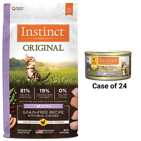 Instinct Kitten Grain-Free Pate Real Chicken Recipe Natural Wet Canned Cat Food, 3-oz, case of 24 + Instinct Original Kitten Grain-Free Recipe with Real Chicken Freeze-Dried Raw Coated Dry Cat Food, 4.5-lb bag slide 1 of 9