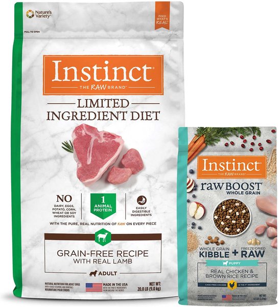 Instinct Limited Ingredient Diet Grain-Free Recipe with Real Lamb Freeze-Dried Raw Coated Dry Dog Food, 20-lb bag + Instinct Raw Boost Puppy Whole Grain Real Chicken & Brown Rice Recipe Freeze-Dried Raw Coated Dry Dog Food, 4.5-lb bag slide 1 of 6