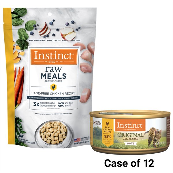 Instinct Original Grain-Free Pate Real Chicken Recipe Wet Canned Cat Food, 5.5-oz, case of 12 + Instinct Freeze-Dried Raw Meals Grain-Free Cage-Free Chicken Recipe Cat Food, 9.5-oz bag slide 1 of 9