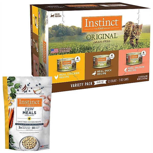 Instinct Original Grain-Free Pate Recipe Variety Pack Wet Canned Cat Food, 3-oz, case of 12 + Instinct Freeze-Dried Raw Meals Grain-Free Cage-Free Chicken Recipe Cat Food, 9.5-oz bag slide 1 of 9