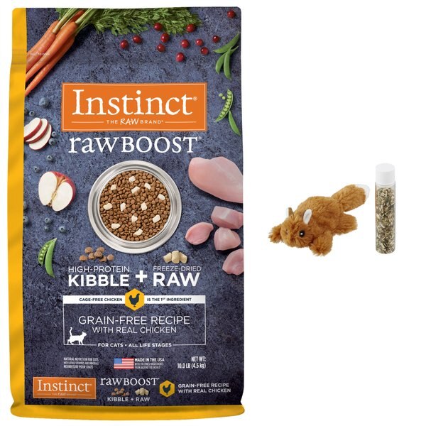 Instinct Raw Boost Grain-Free Recipe with Real Chicken & Freeze-Dried Raw Coated Pieces Dry Cat Food, 10-lb bag + Frisco Refillable Catnip Cat Toy, Brown Squirrel slide 1 of 7