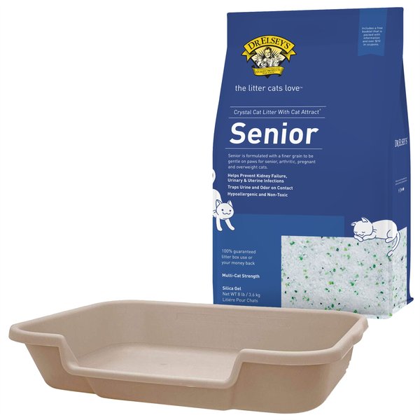KittyGoHere Senior Cat Litter Box, Sand, Large + Dr. Elsey's Precious Cat Unscented Non-Clumping Crystal Cat Litter, 8-lb bag slide 1 of 7