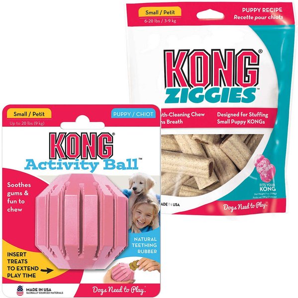 KONG Puppy Activity Ball Dog Toy, Color Varies, Small + KONG Stuff'N Puppy Ziggies Dog Treats, Small, 12 count slide 1 of 9