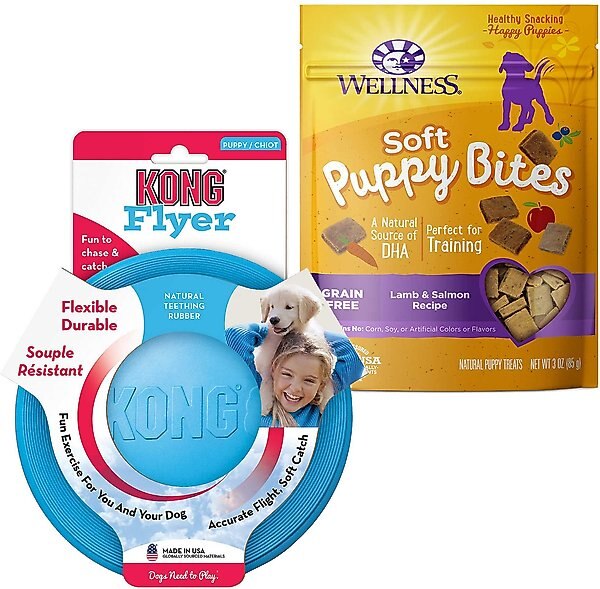 KONG Puppy Flyer Dog Toy, Color Varies + Wellness Soft Puppy Bites Lamb & Salmon Recipe Grain-Free Dog Treats, 3-oz pouch slide 1 of 8