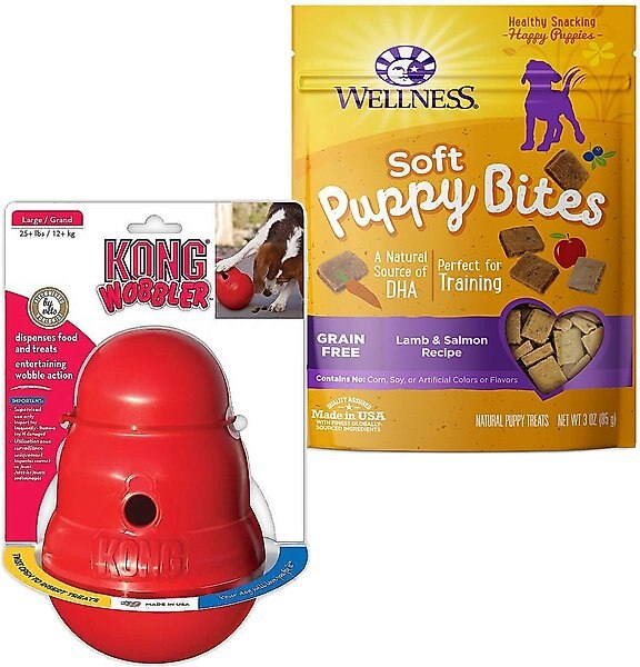 KONG Wobbler Dog Toy, Small + Wellness Soft Puppy Bites Lamb & Salmon Recipe Grain-Free Dog Treats, 3-oz pouch slide 1 of 8