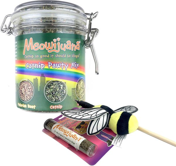 Meowijuana Catnip Pawty Mix, 60-g jar + Meowijuana Refillable Get Buzzed Catnip Bee Cat Toy slide 1 of 9