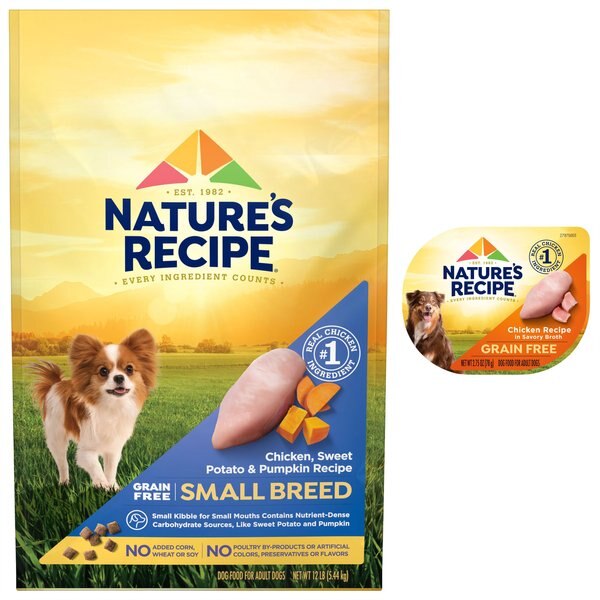 Nature's Recipe Small Breed Grain-Free Chicken, Sweet Potato & Pumpkin Recipe Dry Dog Food, 12-lb bag + Nature's Recipe Grain-Free Chicken Recipe in Broth Wet Dog Food, 2.75-oz, case of 12 slide 1 of 5