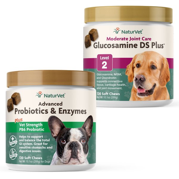 NaturVet Advanced Probiotics & Enzymes Plus Vet Strength PB6 Probiotic Soft Chews Dog Supplement, 120 count + NaturVet Glucosamine DS Plus MSM & Chondroitin Dog & Cat Soft Chews, 120 count slide 1 of 9