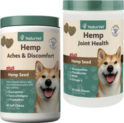 NaturVet Hemp Aches & Discomfort Plus Hemp Seed Dog Soft Chews, 60 count + NaturVet Hemp Joint Health Plus Hemp Seed Soft Chews Dog Supplement, 60 count
