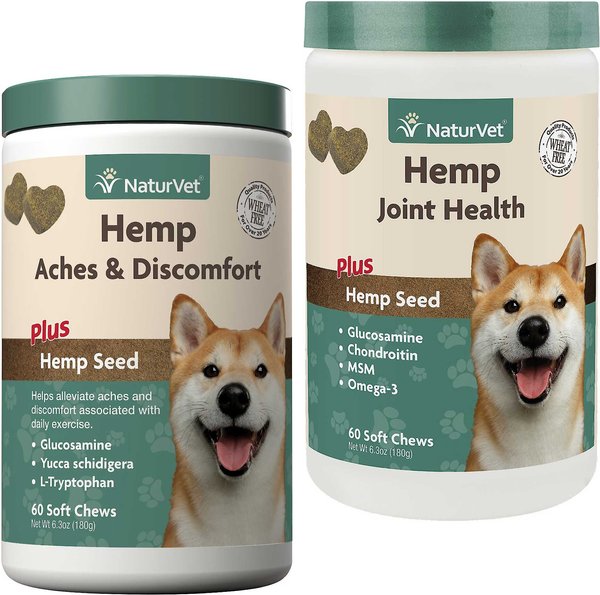 NaturVet Hemp Aches & Discomfort Plus Hemp Seed Dog Soft Chews, 60 count + NaturVet Hemp Joint Health Plus Hemp Seed Soft Chews Dog Supplement, 60 count slide 1 of 3