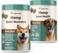 NaturVet Hemp Quiet Moments Plus Hemp Seed Dog Soft Chews, 180 count + NaturVet Hemp Joint Health Plus Hemp Seed Soft Chews Dog Supplement, 120 count