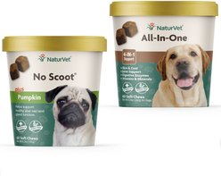 NaturVet No Scoot Dog Soft Chews, 60 count + NaturVet All-In-One Support Soft Chews Dog Supplement, 60 count