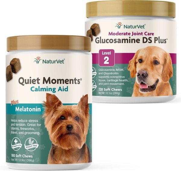 NaturVet Quiet Moments Calming Aid Plus Melatonin Soft Chews Dog Supplement,13.9-oz tub, 180 count + NaturVet Glucosamine DS Plus MSM & Chondroitin Dog & Cat Soft Chews, 120 count slide 1 of 9