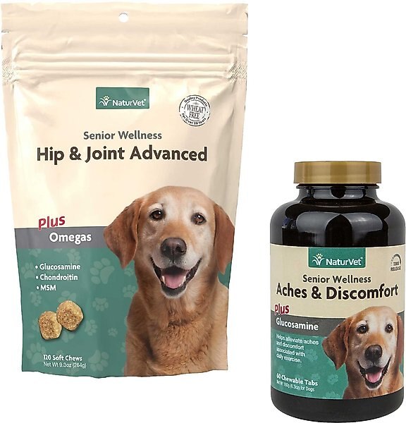 NaturVet Senior Care Hip & Joint Advanced Formula Dog Soft Chews, 120 count + NaturVet Senior Care Aches & Discomfort Dog Tablets, 60 count slide 1 of 6