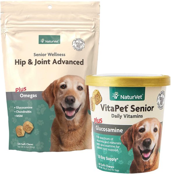 NaturVet Senior Care Hip & Joint Advanced Formula Dog Soft Chews, 120 count + NaturVet VitaPet Senior Daily Vitamins Plus Glucosamine Soft Chews Dog Supplement, 60 count slide 1 of 6