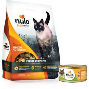 Nulo Freestyle Shredded Chicken & Duck in Gravy Grain-Free Canned Cat Food, 3-oz, case of 24 + Nulo FreeStyle Chicken & Salmon Recipe Freeze-Dried Raw Cat Food, 8-oz bag