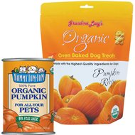 Nummy Tum-Tum Pure Organic Pumpkin Canned Dog & Cat Food Supplement, 15-oz, case of 12 + Grandma Lucy's Organic Pumpkin Oven Baked Dog Treats, 14-oz bag