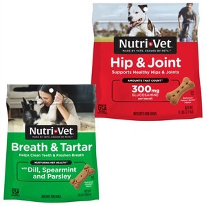 Nutri-Vet Hip & Joint Extra Strength Wafers for Large Dogs Peanut Butter Flavor Treats, 6-lb bag + Nutri-Vet Breath & Tartar Chicken Flavored Dental Dog Biscuit Treats, 19.5-oz bag, Count Varies