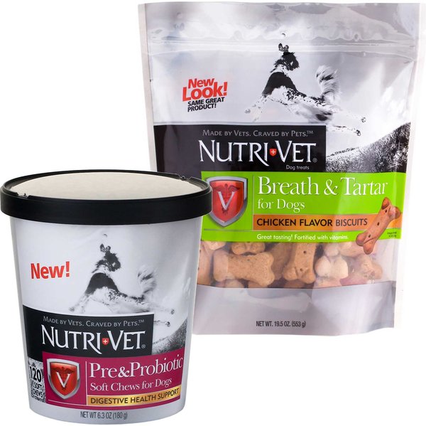 Nutri-Vet Pre & Probiotics Dog Soft Chews, 120 count + Nutri-Vet Breath & Tartar Chicken Flavored Dental Dog Biscuit Treats, 19.5-oz bag, Count Varies slide 1 of 4