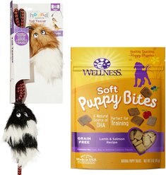 Outward Hound Tail Teaser with Refill Dog & Cat Teaser Toy + Wellness Soft Puppy Bites Lamb & Salmon Recipe Grain-Free Dog Treats, 3-oz pouch