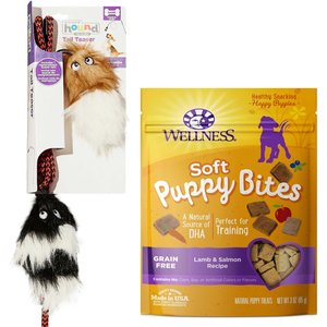 Outward Hound Tail Teaser with Refill Dog & Cat Teaser Toy + Wellness Soft Puppy Bites Lamb & Salmon Recipe Grain-Free Dog Treats, 3-oz pouch
