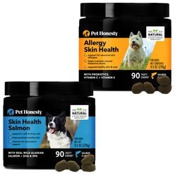 PetHonesty Allergy SkinHealth & Flaxseed, Omegas & Probiotics Dog Supplement, 90 count + PetHonesty Salmon SkinHealth Snacks Skin & Coat Soft Chews Dog Supplement, 90 count