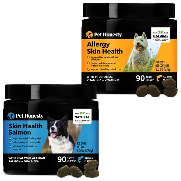 PetHonesty Allergy SkinHealth & Flaxseed, Omegas & Probiotics Dog Supplement, 90 count + PetHonesty Salmon SkinHealth Snacks Skin & Coat Soft Chews Dog Supplement, 90 count slide 1 of 8