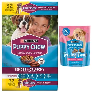 Puppy Chow Tender & Crunchy with Real Beef Dry Dog Food, 32-lb bag + Puppy Chow Healthy Start Salmon Flavor Training Dog Treats, 24-oz pouch