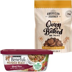 Purina Beneful Prepared Meals Beef Stew with Peas, Carrots, Rice & Barley Wet Dog Food, 10-oz, case of 8 + American Journey Peanut Butter Recipe Grain-Free Oven Baked Crunchy Biscuit Dog Treats, 8-oz bag