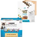 Purina Pro Plan FOCUS Kitten Favorites Wet Kitten Food Variety Pack, 3-oz can, case of 24 + Fancy Feast Savory Cravings Limited Ingredient Beef & Crab Flavor Cat Treats, 3-oz box, case of 3